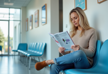Femme d'âge moyen lisant une brochure santé dans une salle d'attente