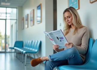 Femme d'âge moyen lisant une brochure santé dans une salle d'attente