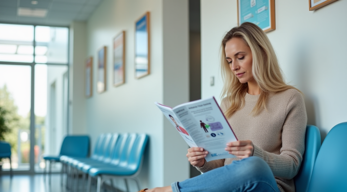 Facteurs favorisant la maladie : compréhension et prévention Femme d'âge moyen lisant une brochure santé dans une salle d'attente