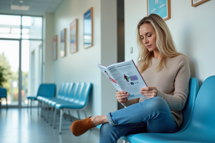 femme-attente-clinique-sante Femme d'âge moyen lisant une brochure santé dans une salle d'attente
