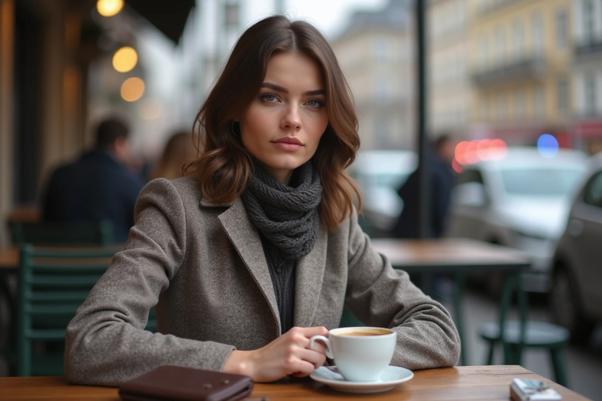 Jeune femme assise à un café avec cigarette et portefeuille à Luxembourg