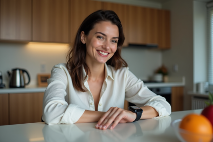 Femme détendue vérifiant sa montre dans la cuisine moderne