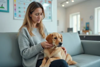 Femme inquiète tenant son chien chez le vétérinaire, signe d'alerte santé animale