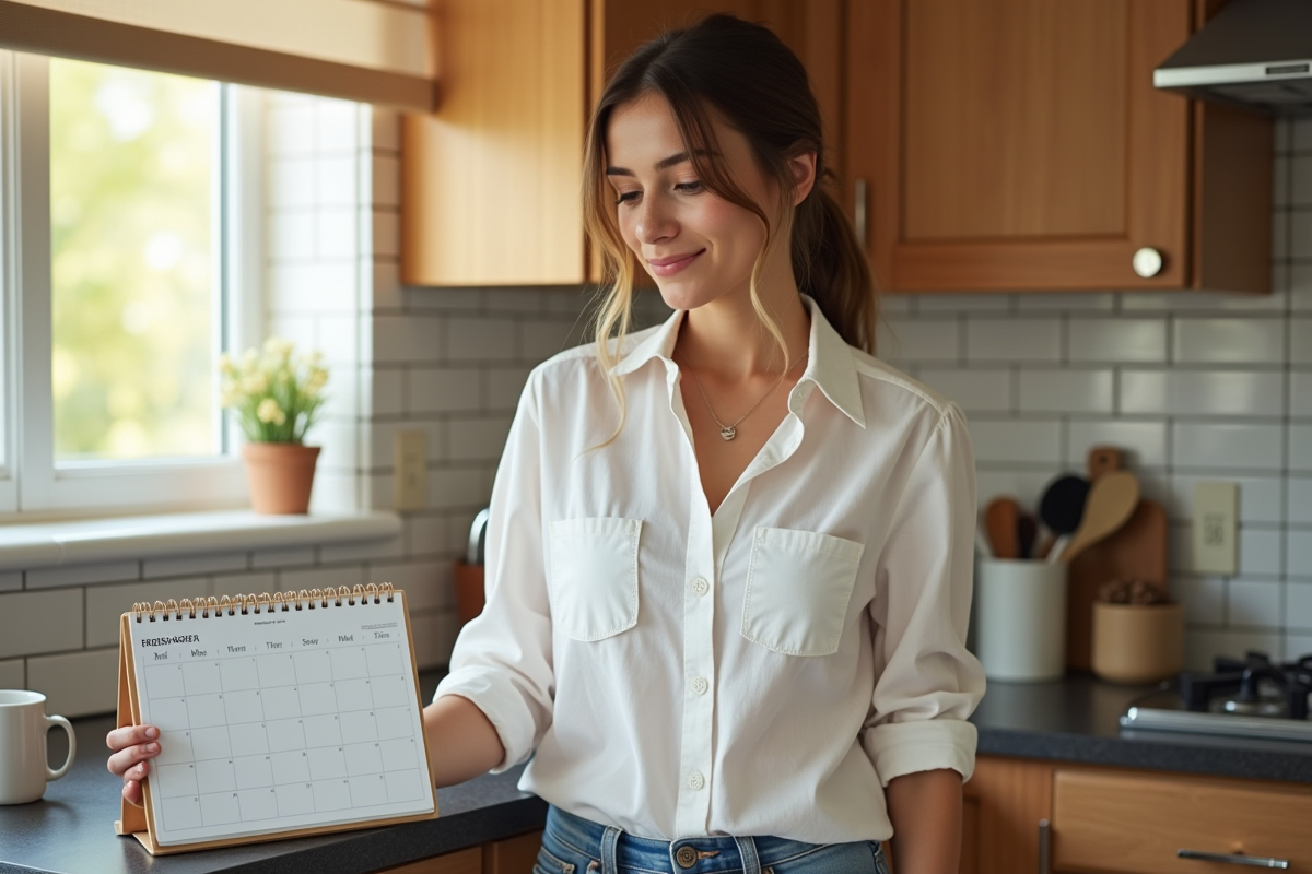 Jeune femme dans la cuisine regardant un calendrier