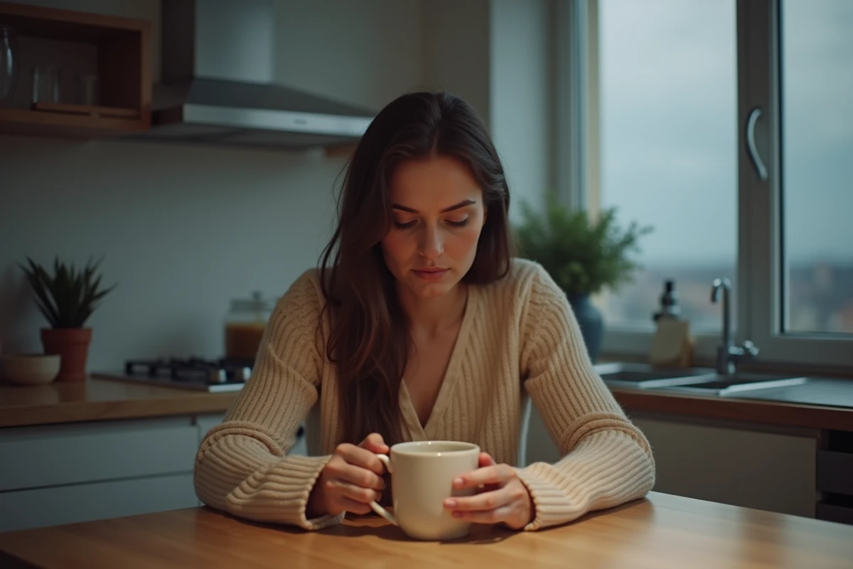 Femme aux cernes prononcés assise seule dans une cuisine tôt le matin avec une tasse de thé, signe de nuits agitées et de surcharge mentale précédant un burn-out