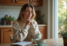 Anxiété et désir d’enfant : les précautions à prendre avant de concevoir Femme pensant dans sa cuisine chaleureuse et lumineuse