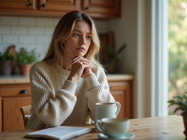 Anxiété et désir d’enfant : les précautions à prendre avant de concevoir Femme pensant dans sa cuisine chaleureuse et lumineuse