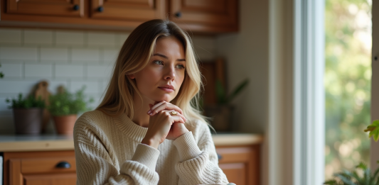 Anxiété et désir d’enfant : les précautions à prendre avant de concevoir Femme pensant dans sa cuisine chaleureuse et lumineuse