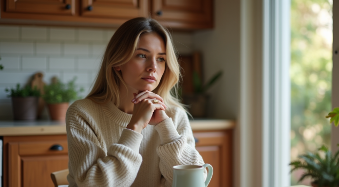 Anxiété et désir d’enfant : les précautions à prendre avant de concevoir Femme pensant dans sa cuisine chaleureuse et lumineuse