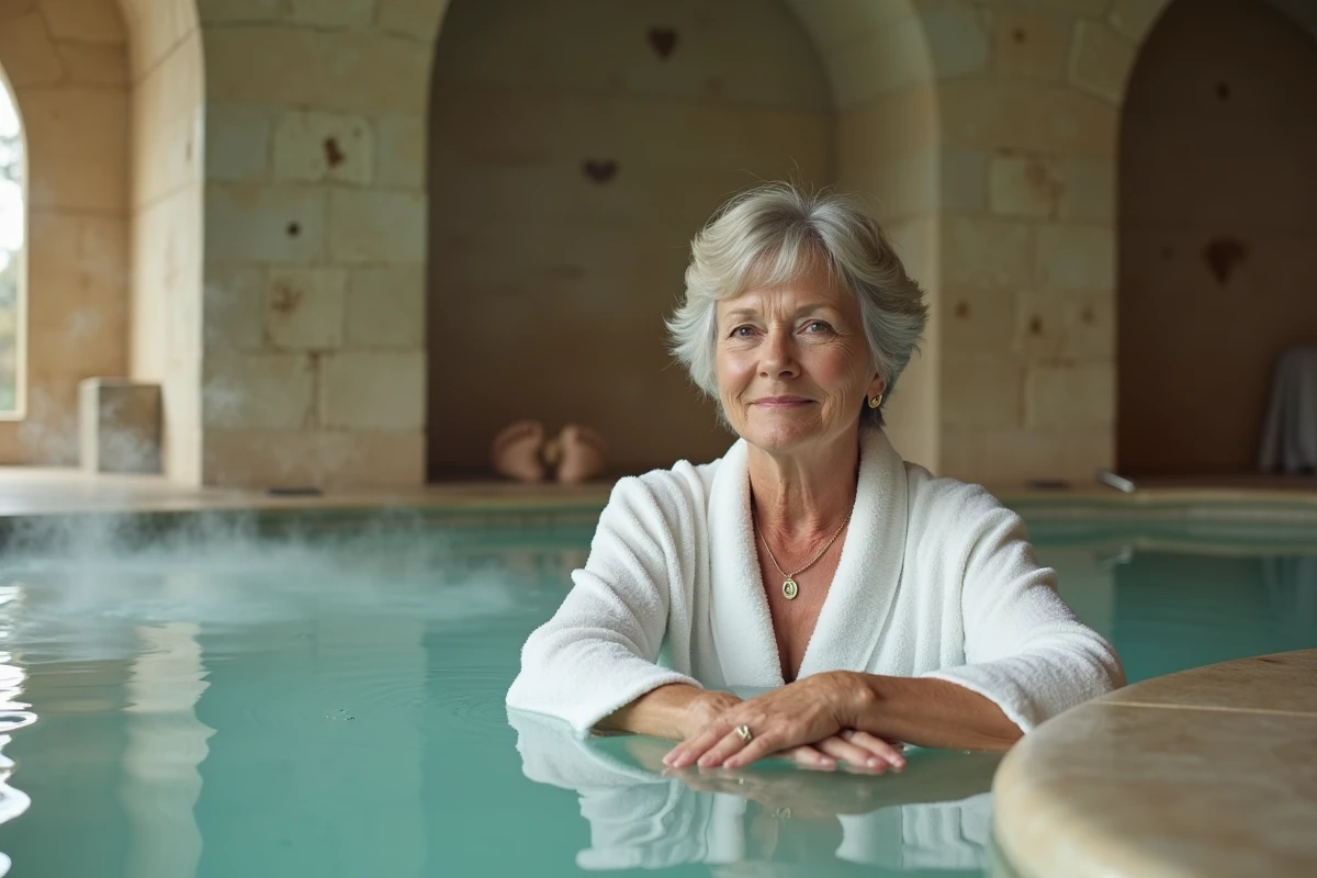 Femme en cure thermale rhumatologie immergée dans un bassin thermal minéral à l'intérieur d'un établissement thermal français