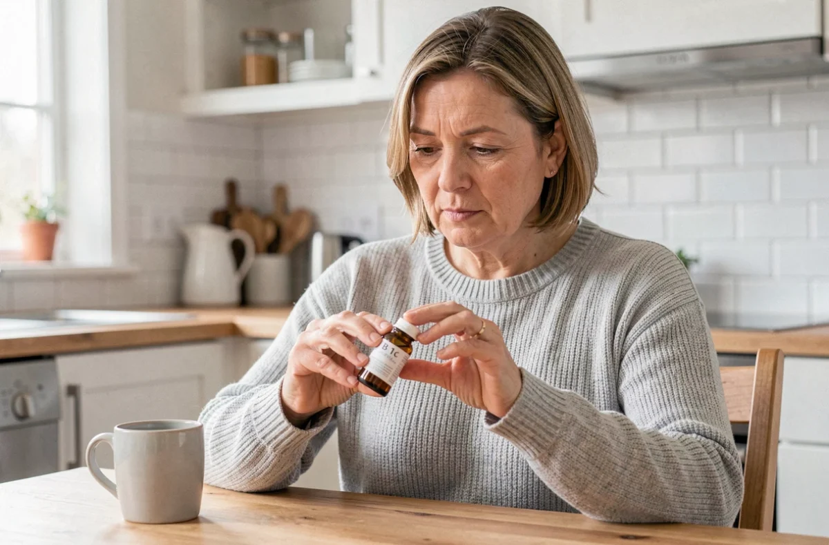 Femme examinant une bouteille de vitamines B12 dans une cuisine moderne, illustrant une cure de supplémentation