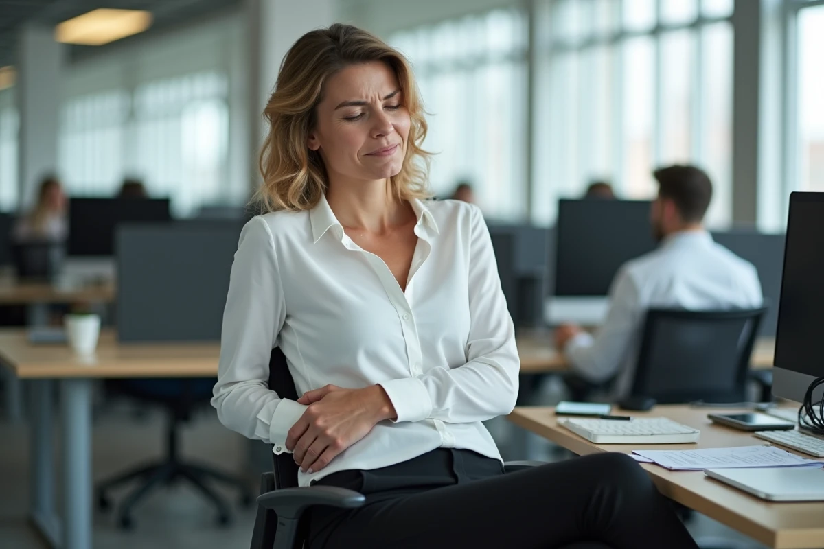 Femme au bureau souffrant d'une douleur au bas du dos côté droit en milieu de travail