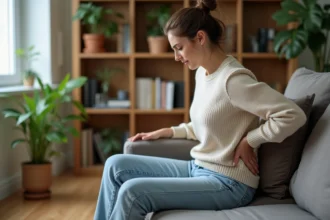 Femme assise sur un fauteuil touchant son dos en douleur