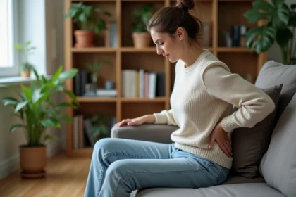 Femme assise sur un fauteuil touchant son dos en douleur