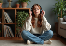 Femme assise avec écouteurs dans un salon cosy