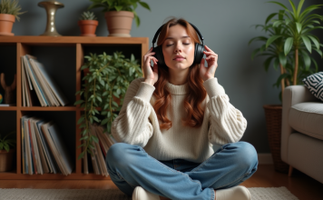 Femme assise avec écouteurs dans un salon cosy