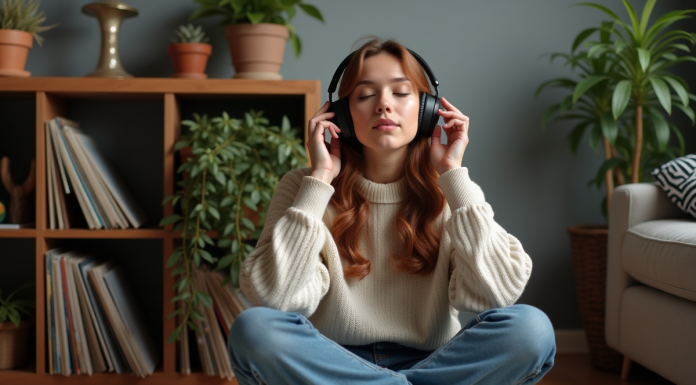 Musique et dépression : quelles sont les bonnes alternatives pour se sentir mieux ? Femme assise avec écouteurs dans un salon cosy