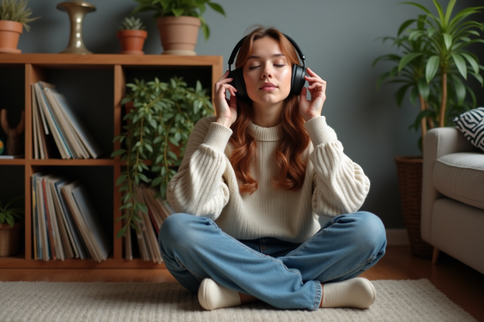 Femme assise avec écouteurs dans un salon cosy