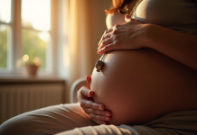 Femme enceinte tenant un collier bola de grossesse près du ventre