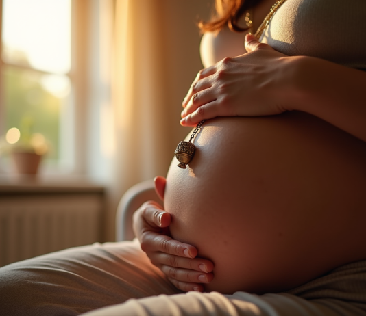 Bola de grossesse : quand le porter et comment l’utiliser ? Femme enceinte tenant un collier bola de grossesse près du ventre