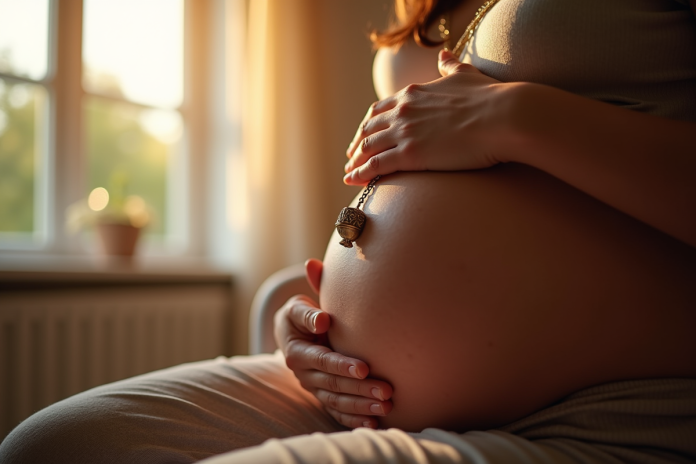 Femme enceinte tenant un collier bola de grossesse près du ventre