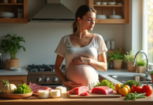 Femme enceinte dans la cuisine regardant des aliments crus