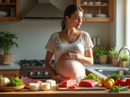 Aliments interdits pendant la grossesse : les risques du régime alimentaire cru Femme enceinte dans la cuisine regardant des aliments crus