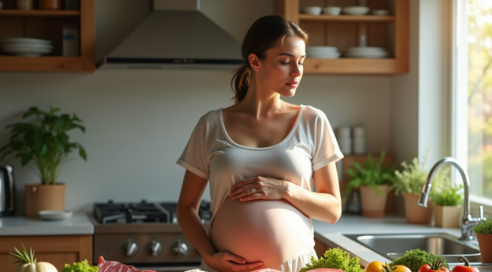 Femme enceinte dans la cuisine regardant des aliments crus