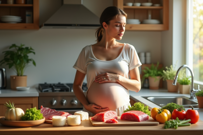 Femme enceinte dans la cuisine regardant des aliments crus