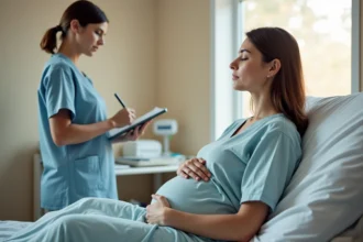 Femme enceinte à terme assise sur un lit d'hôpital accompagnée d'une sage-femme lors d'un examen de dilatation du col