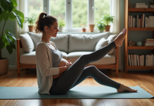 Femme enceinte faisant des extensions de jambes assise