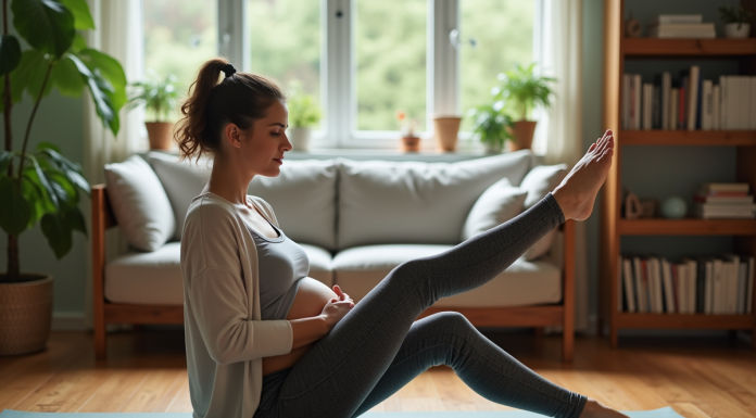 Femme enceinte faisant des extensions de jambes assise