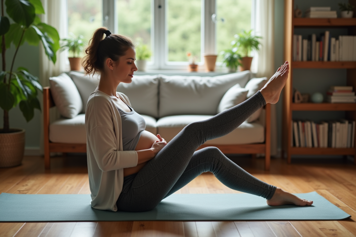 Femme enceinte faisant des extensions de jambes assise