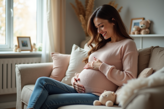 Femme enceinte souriante dans un salon chaleureux