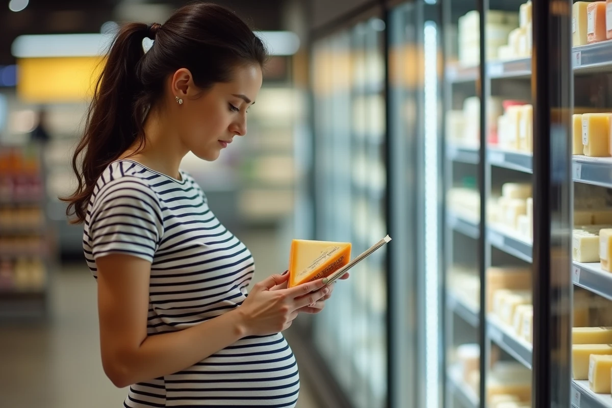 Femme enceinte lisant l'étiquette d'un emballage de parmesan en supermarché pour vérifier la pasteurisation