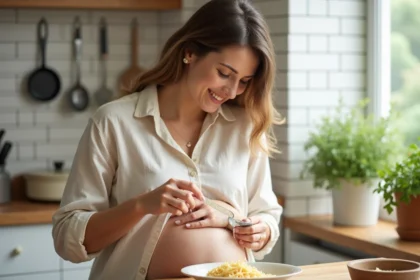 Femme enceinte souriante qui râpe du parmesan sur des pâtes dans une cuisine moderne et chaleureuse