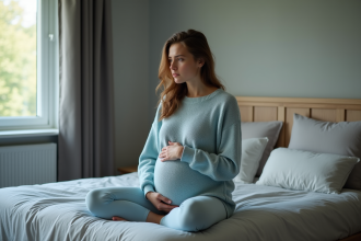 Femme enceinte assise sur le lit dans une chambre calme