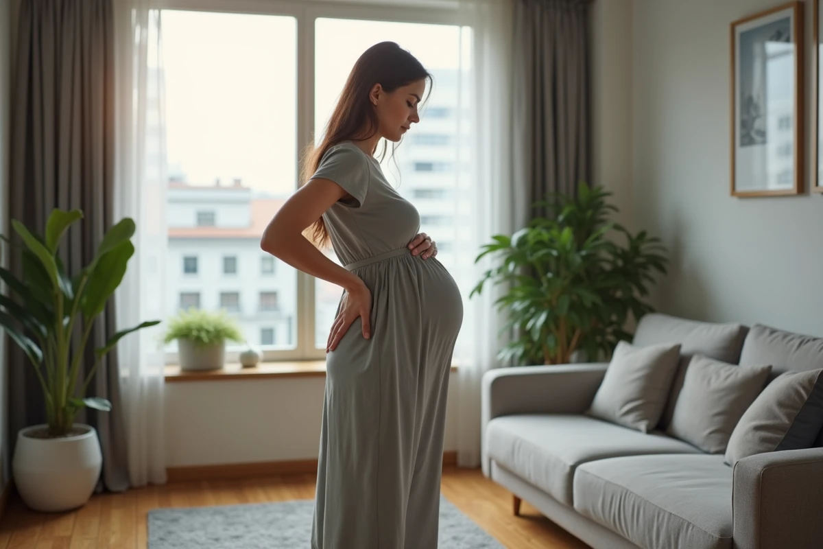 Femme enceinte en fin de grossesse à la maison réfléchissant aux signes du travail imminents comme la dilatation du col