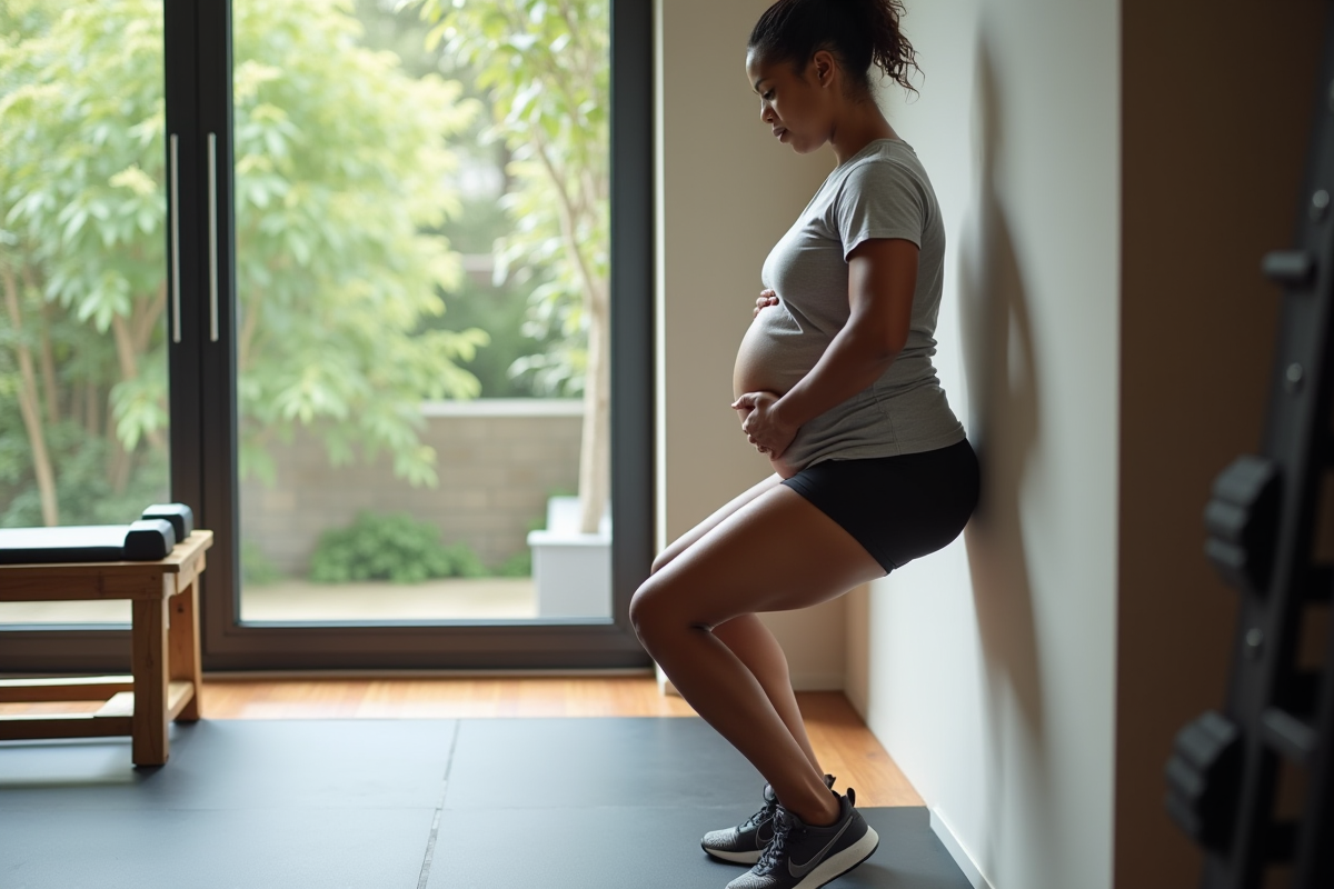 Femme enceinte faisant un squat debout dans une salle de sport