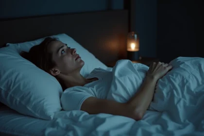 Femme adulte allongée éveillée la nuit dans son lit, regardant le plafond avec une expression d'épuisement liée à la charge mentale et au burn-out