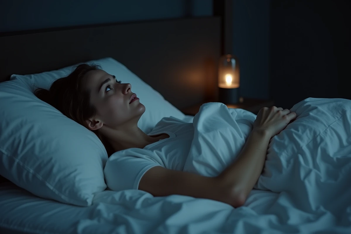 Femme adulte allongée éveillée la nuit dans son lit, regardant le plafond avec une expression d'épuisement liée à la charge mentale et au burn-out