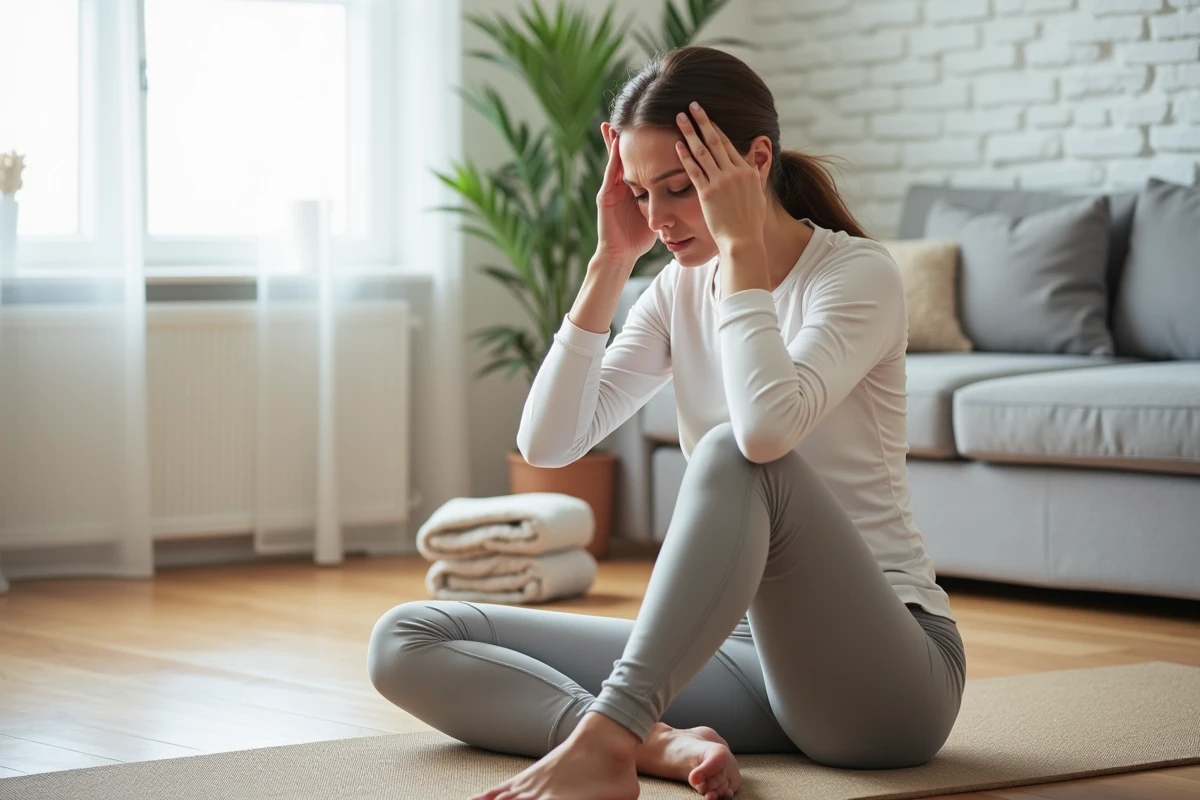 Femme fatiguée assise sur un tapis de yoga à la maison après une perfusion de fer, illustrant les effets secondaires sur l'activité physique