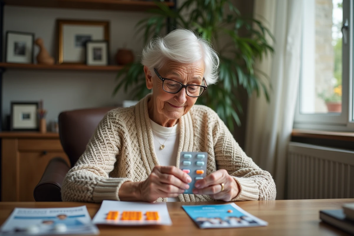 Femme âgée lisant ses médicaments à la maison