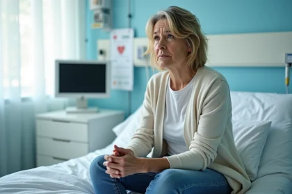 Femme d'âge moyen assise sur un lit d'hôpital avec expression anxieuse