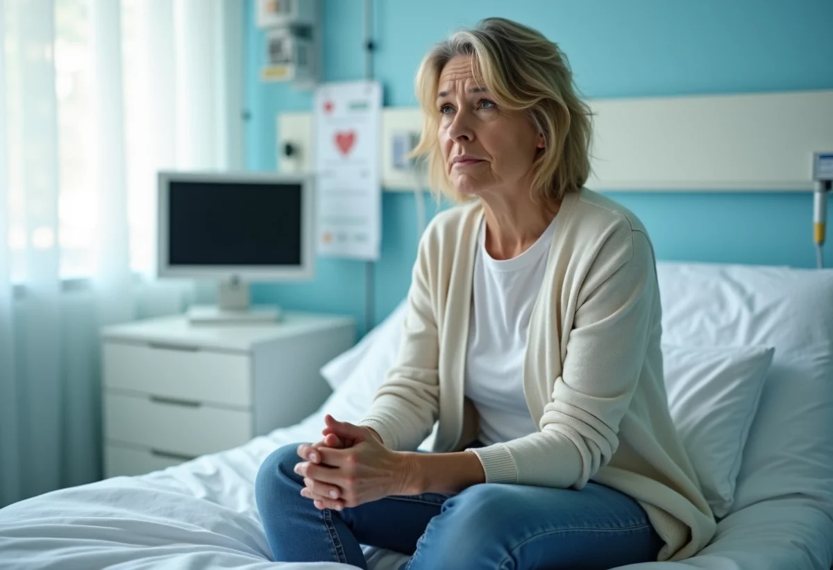 Femme d'âge moyen assise sur un lit d'hôpital avec expression anxieuse