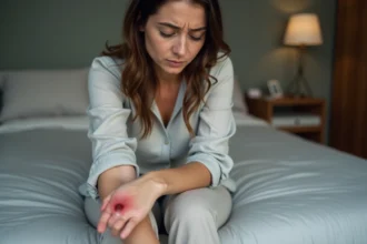 Femme inquiète examine un bouton rouge sur son bras
