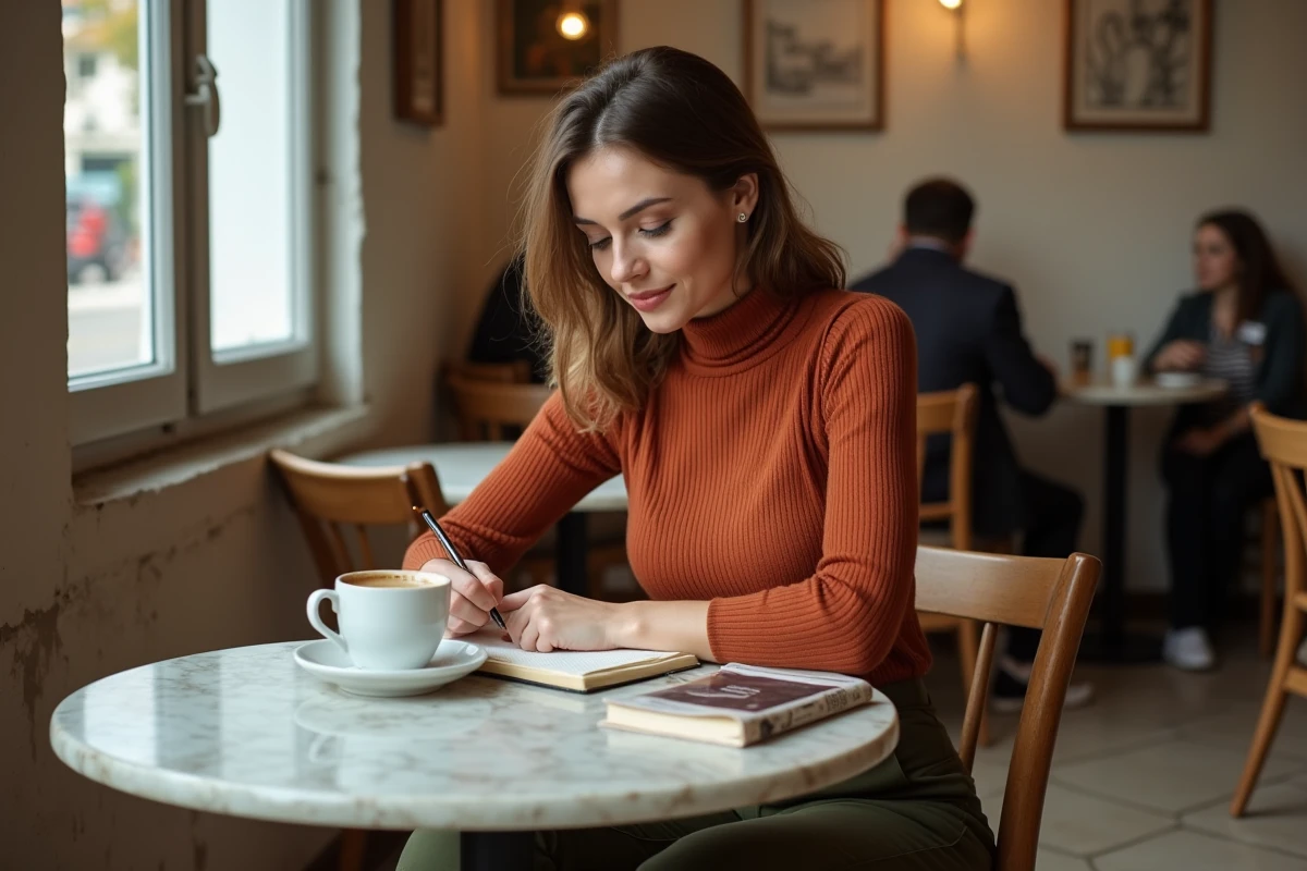 Jeune femme écrivant dans un journal intime dans un café authentique, expression sereine évoquant la clarté intérieure et l'équilibre personnel