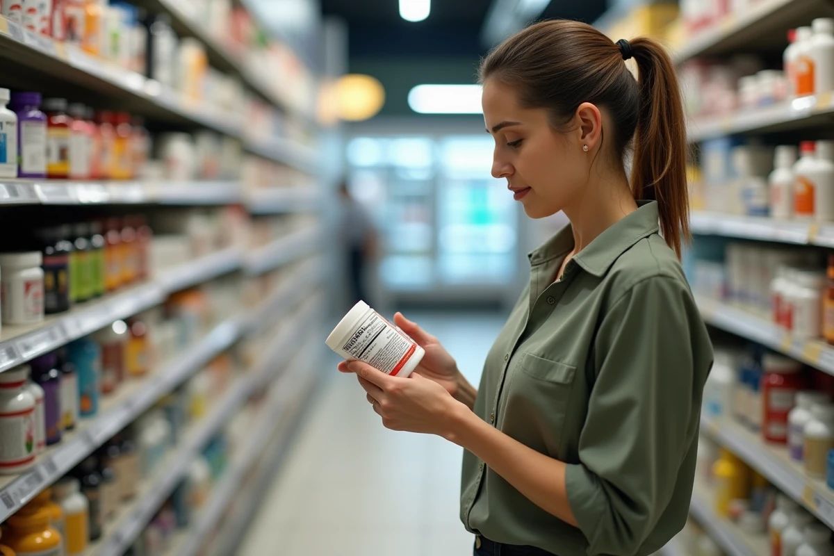 Femme lisant attentivement la composition d'un complément alimentaire en pharmacie avant achat