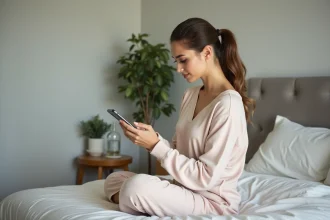 Femme en loungewear posant avec son téléphone dans une chambre moderne