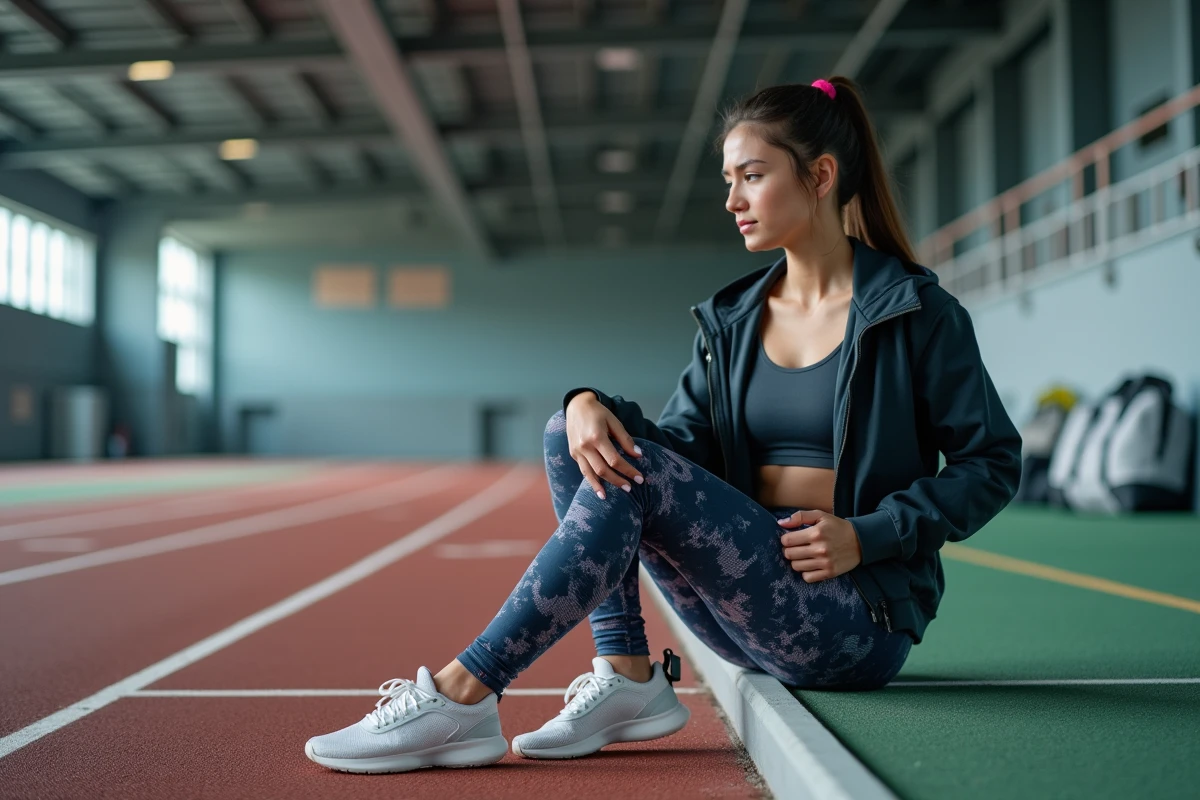 Jeune femme assise sur une piste de sport en train de masser sa jambe